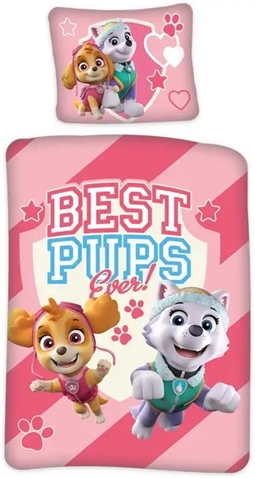Lyserødt junior sengetøj 100x140 cm - Paw Patrol sengesæt lyserødt - Fart over feltet - 2 i 1 design - 100% bomuld
